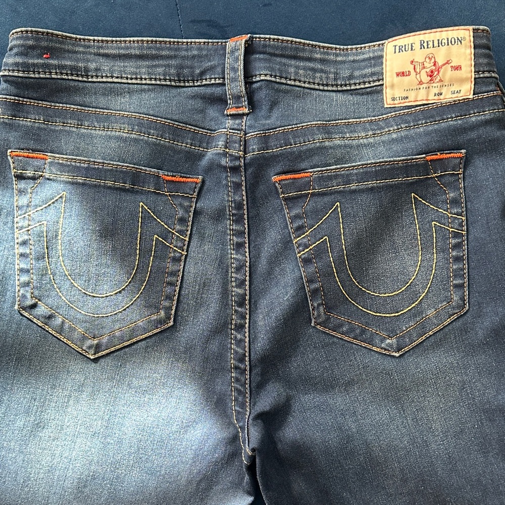 True Religion Women's Dark Blue Stretch Jeans with Orange Stitching